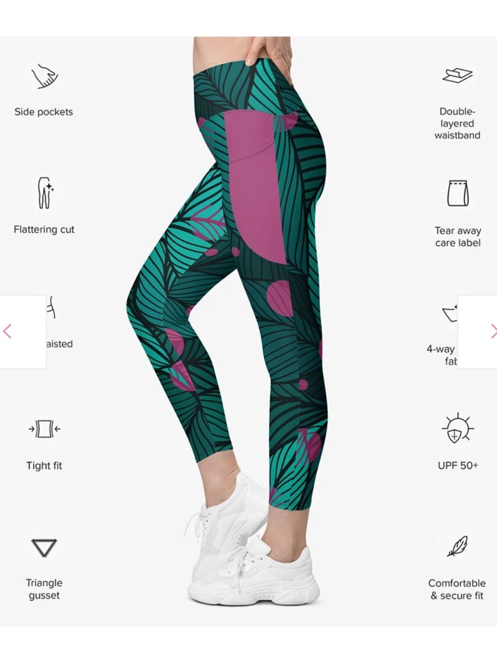 New! Loony Legs Recycled Floral Leggings "Fireflies" Green/Pink with Pockets, L - Picture 15 of 16